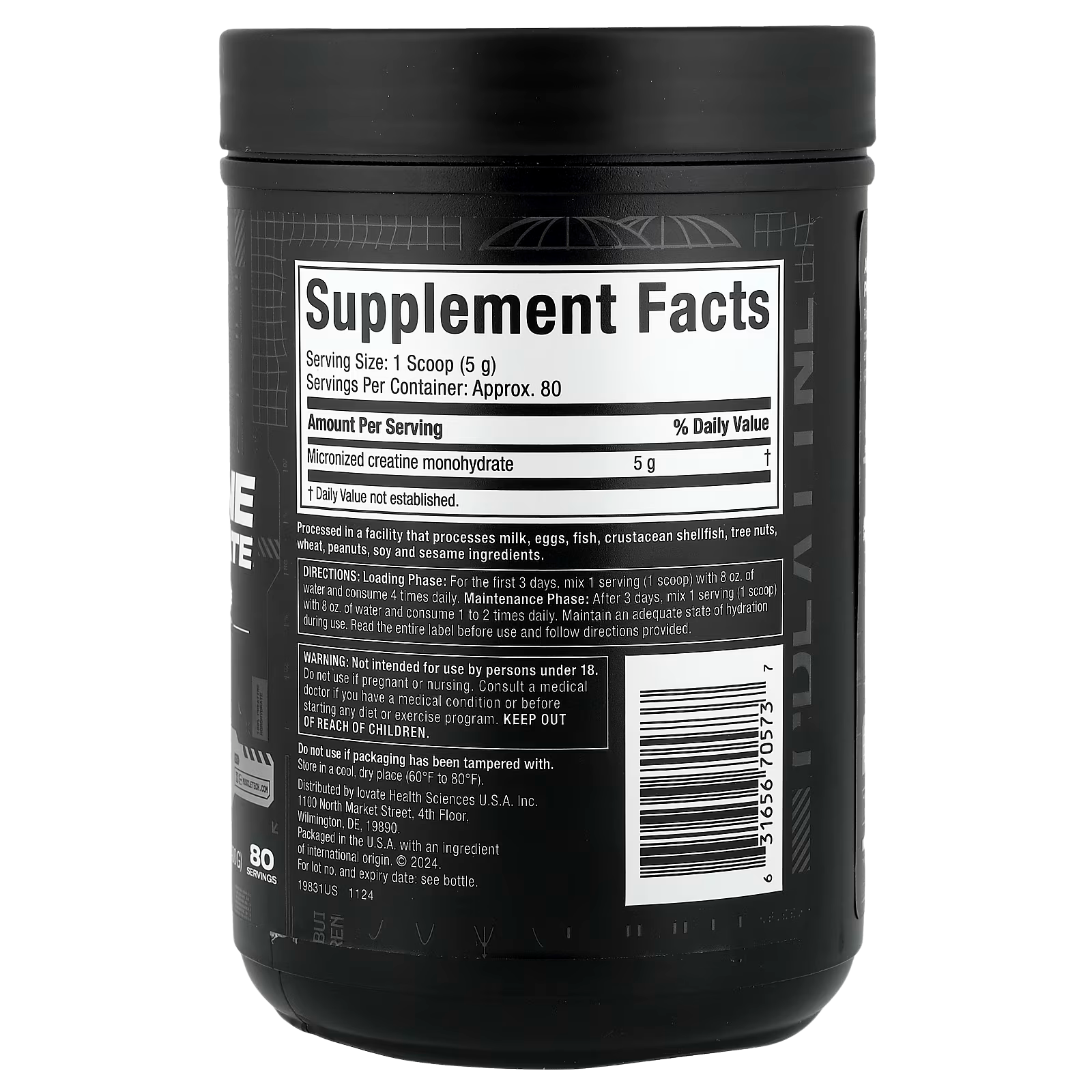Tabla nutricional de MuscleTech Platinum Creatine con 5 g de creatina monohidratada por scoop