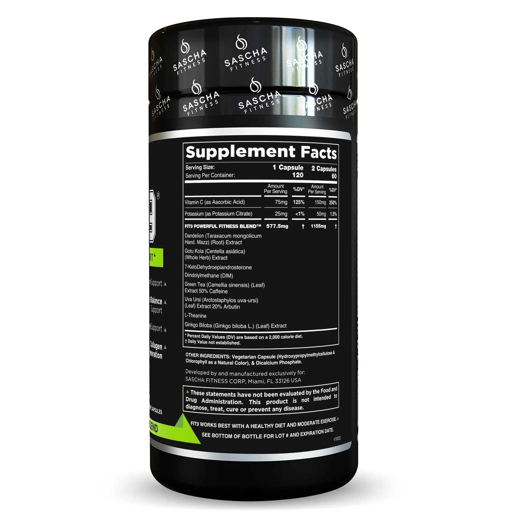 Tabla nutricional de FIT9 Sascha Fitness con 7-Keto DIM té verde uva ursi y ginkgo