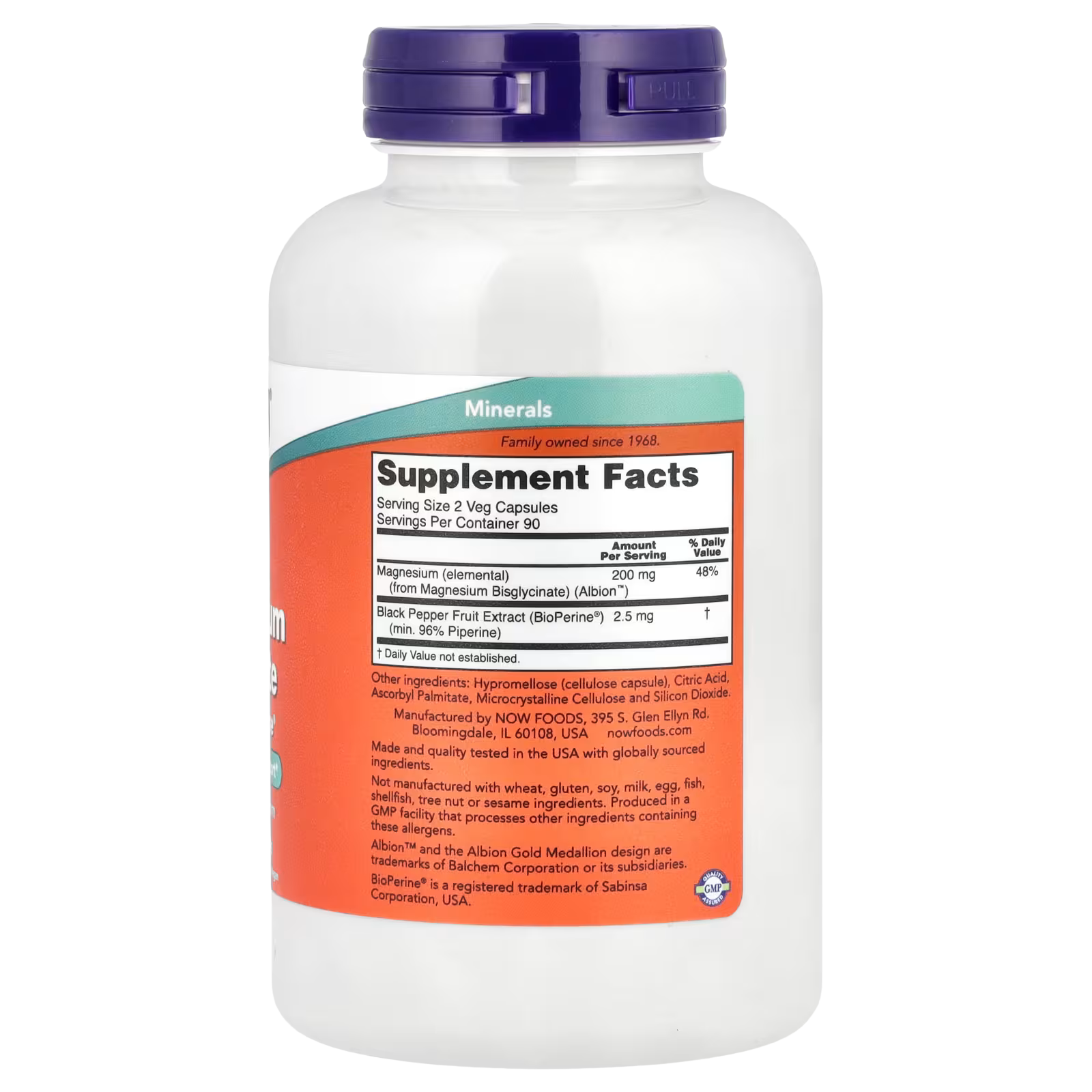 Tabla nutricional del glicinato de magnesio NOW con BioPerine