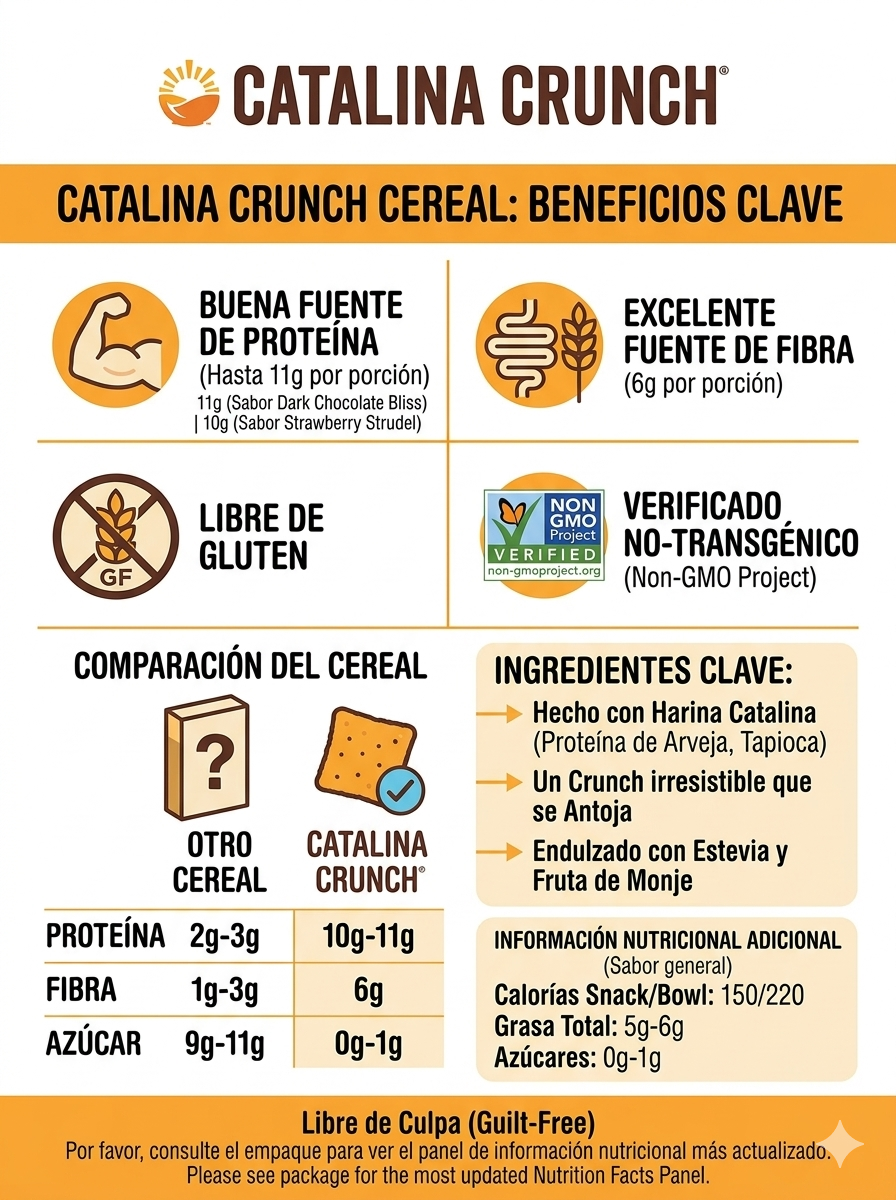 Infografía de beneficios de Catalina Crunch Cereal alto en proteína con fibra y bajo azúcar en VitalSupps Colombia