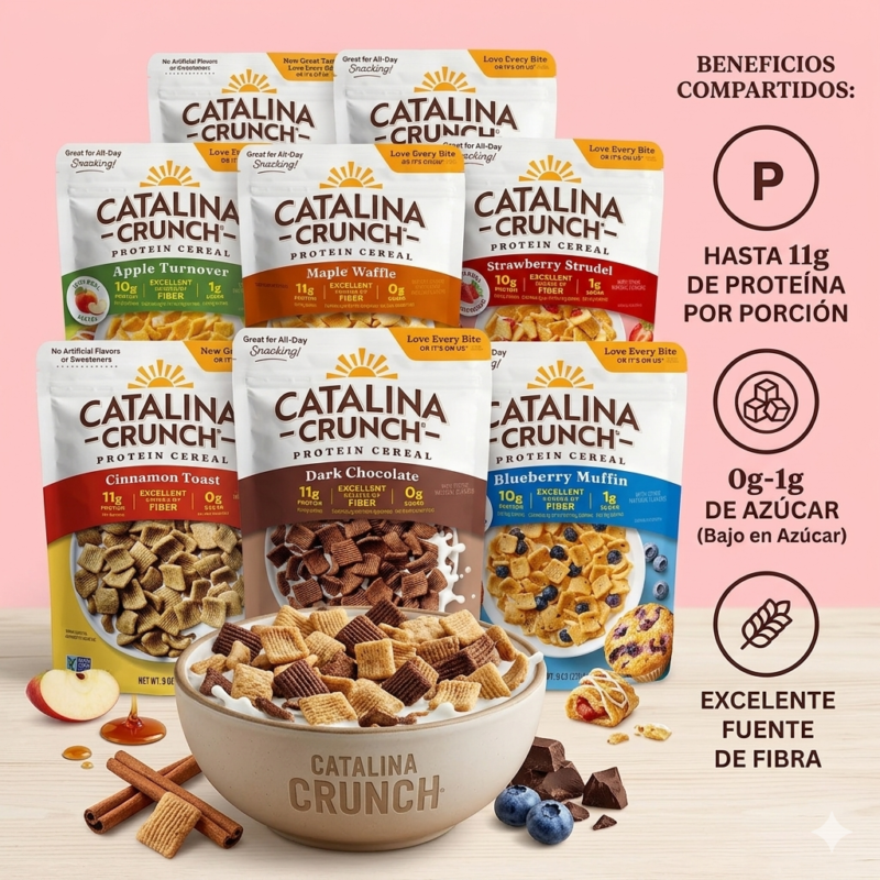 Catalina Crunch Cereal alto en proteína en varios sabores disponible en VitalSupps Colombia