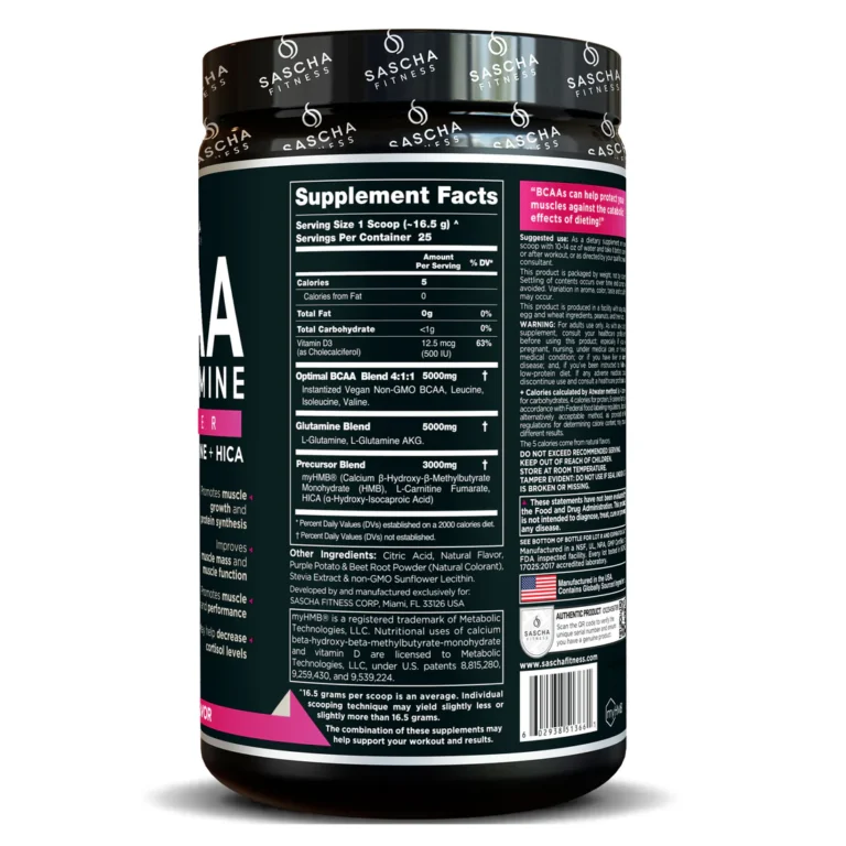 Tabla nutricional de BCAA Glutamina Sascha Fitness con BCAA 4:1:1 HMB HICA y L-carnitina