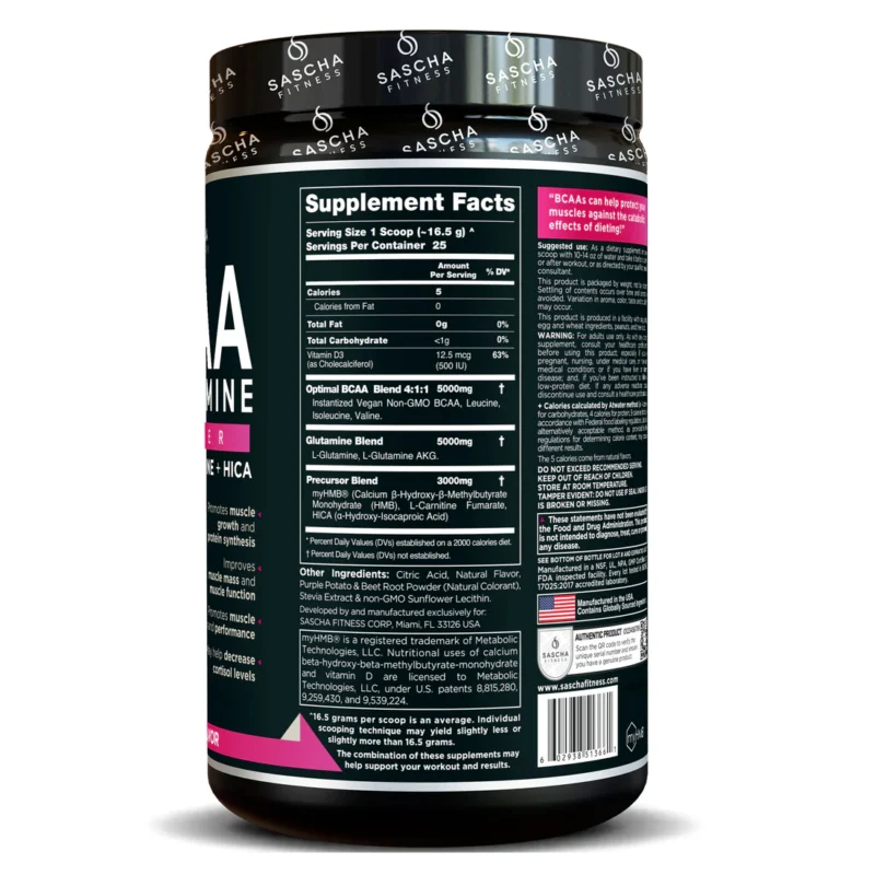 Tabla nutricional de BCAA Glutamina Sascha Fitness con BCAA 4:1:1 HMB HICA y L-carnitina