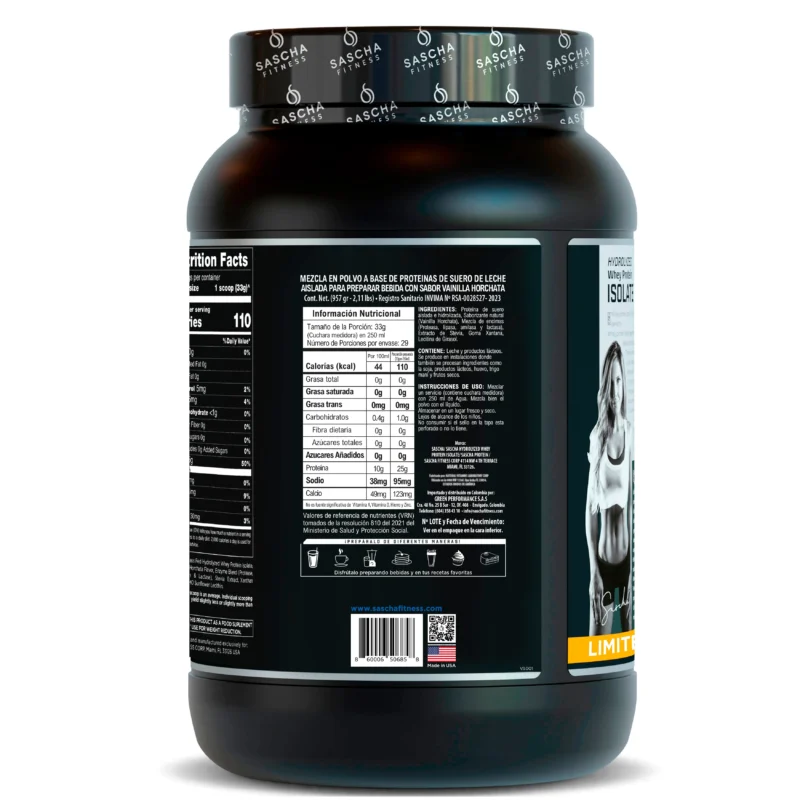 Hydrolyzed Whey Protein Isolate Horchata de Vainilla Sascha Fitness x 29 servicios en VitalSupps Colombia