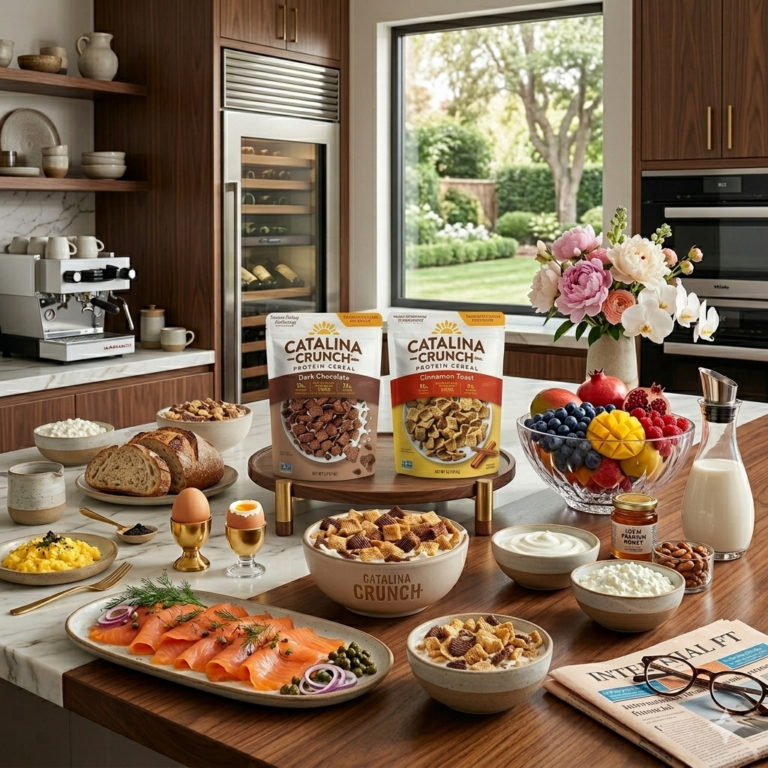 Cereales Catalina Crunch servidos en una cocina familiar como desayuno alto en proteína y bajo en azúcar