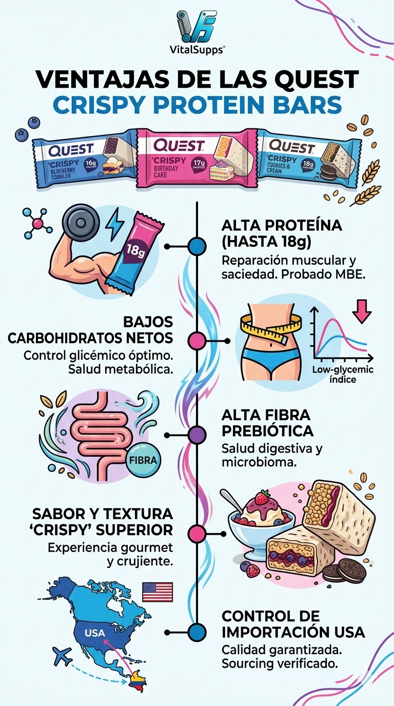 Infografía de barras de proteína Quest con información nutricional y relación proteína calorías