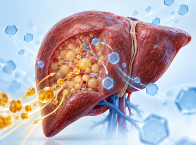 Ilustración conceptual de berberina, hígado graso y moléculas de glucosa