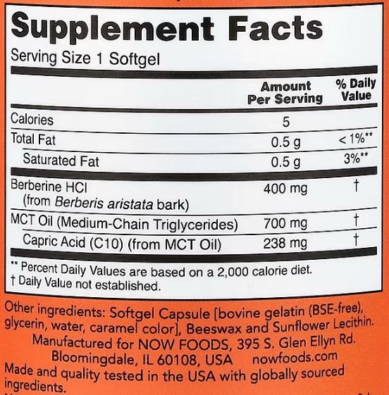 Tabla nutricional de Berberina NOW Foods con 400 mg de berberina HCl y 700 mg de aceite MCT por cápsula